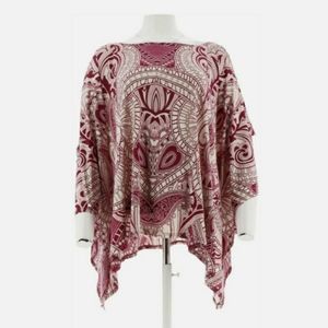 ATTITUDES RENEE Poncho Top Berry Red Dolman Sharkbite Paisley Womens Size XXS